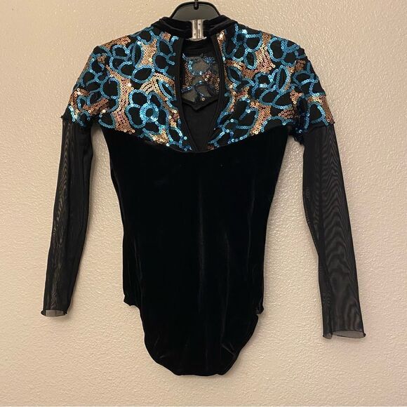 Glamour dance costume leotard black blue sequin stone mesh velvet LC large child - Picture 2 of 9